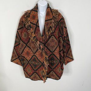 Vintage SOUTHWEST Jacket Womens M Black Red Woven Aztec FRINGE Western Coat